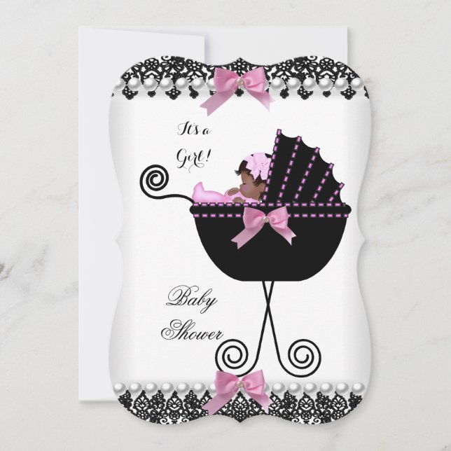 Invitación Ducha de bebé étnica, bebé niña, encaje rosa, negr (Anverso)