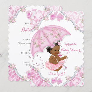 Invitación Ducha de Bebé Étnica Paraguas Rosa Flores Niña