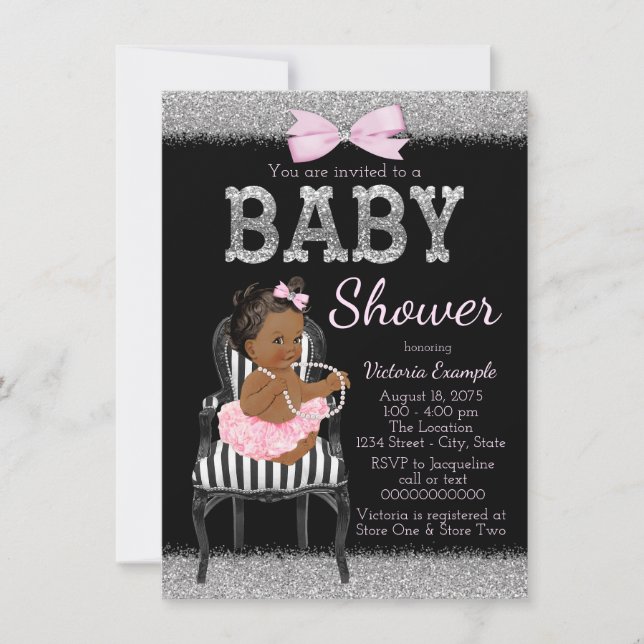 Invitación Ducha de Bebé Étnica Rosa Negra y Plateada (Anverso)