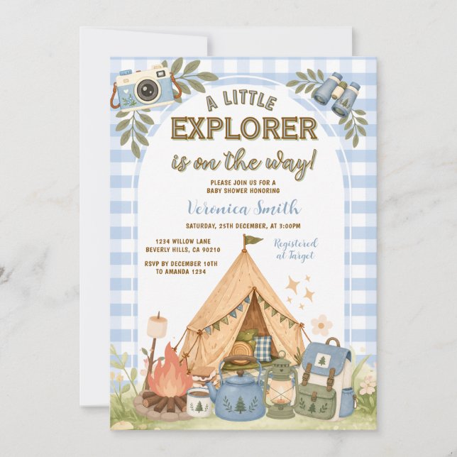 Invitación Ducha de Bebé Explorador Pequeño Azul (Anverso)