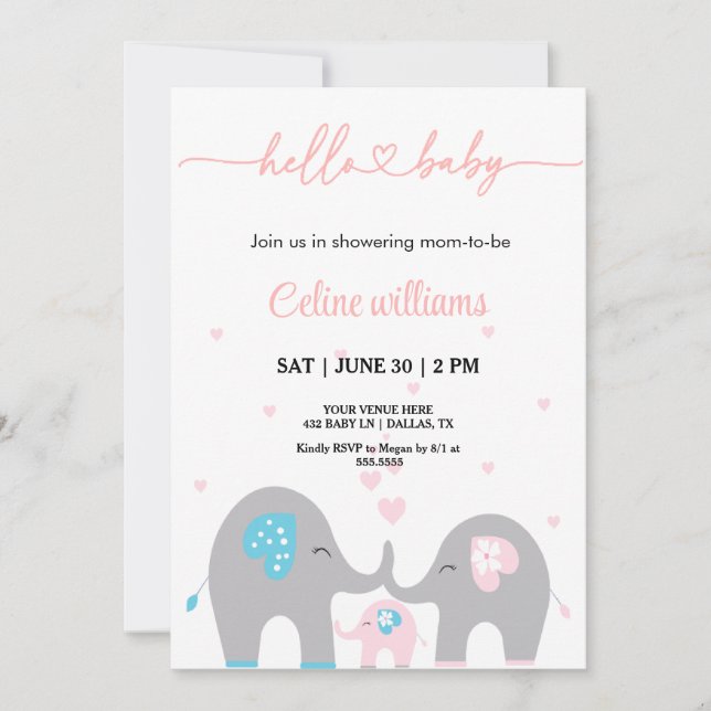 Invitación Ducha de bebé familiar Adorable Eelephant (Anverso)