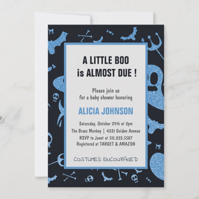 Invitación Ducha de Bebé Fantasmas Brillo Azul Octubre Hallow (Anverso)