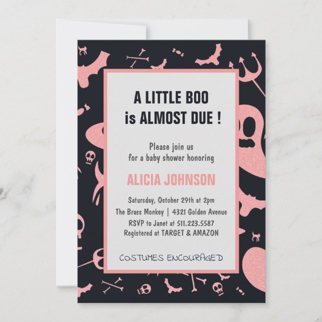 Invitación Ducha de Bebé Fantasmas Brillo Rosa Octubre Hallow (Anverso)