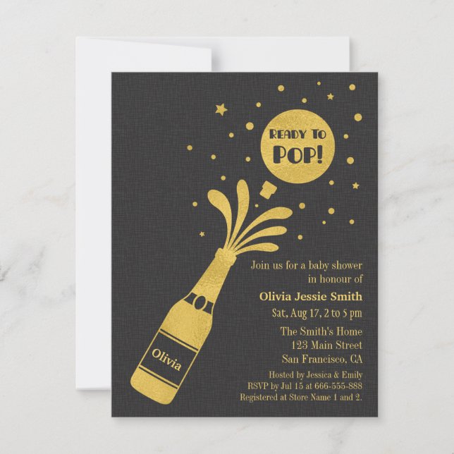 Invitación Ducha de bebé Faux Gold Champagne Ready to Pop (Anverso)