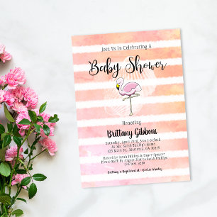 Invitación Ducha de Bebé Flamenco Rayado Coral Melocotón