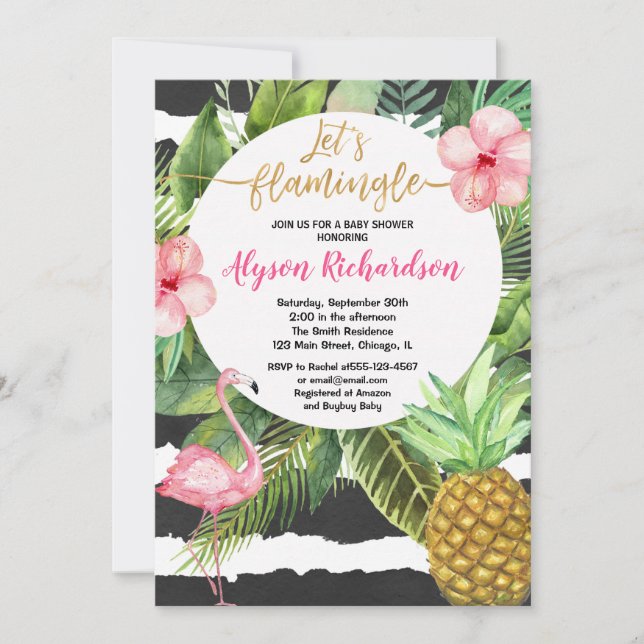 Invitación Ducha de bebé flamingo, dorado rosa negro tropical (Anverso)