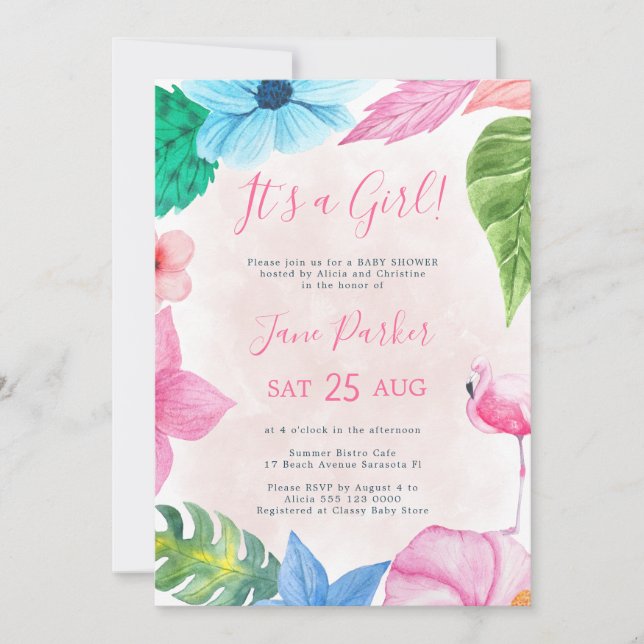 Invitación Ducha de bebé flamingo floral tropical (Anverso)