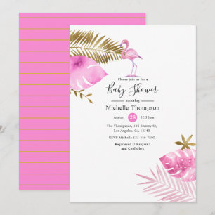 Invitación Ducha de bebé Flamingo Rosa y Dorado