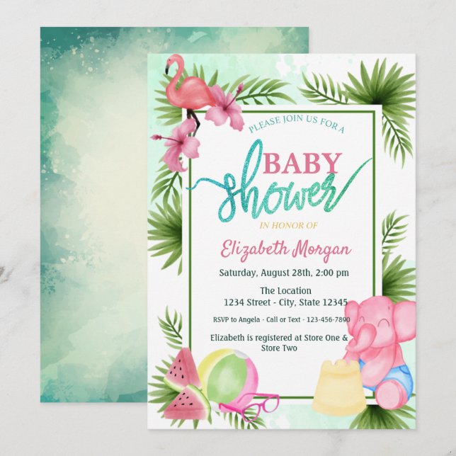 Invitación Ducha de Bebé Flamingo, Sandía, Elefante Palma (Anverso / Reverso)
