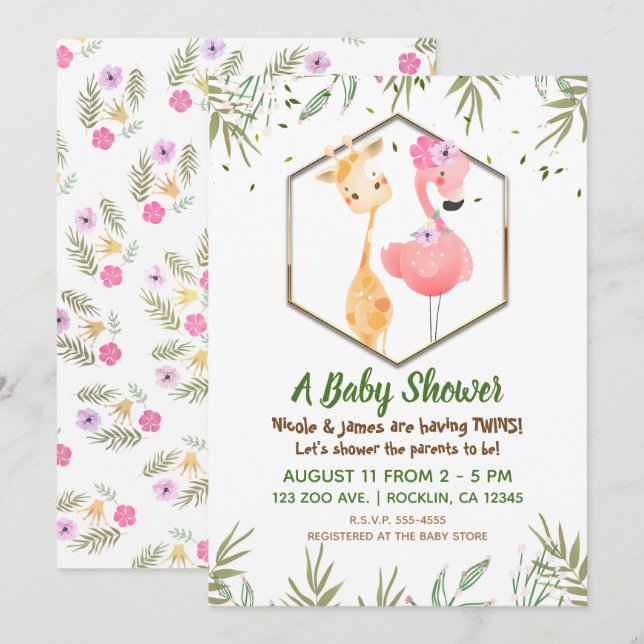 Invitación Ducha de Bebé Flamingo y Jirafa Acuarela Tropical (Anverso / Reverso)