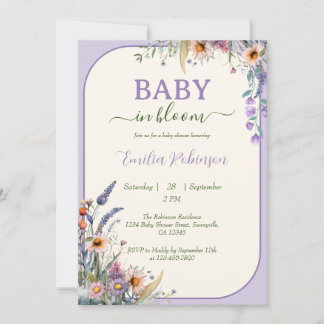 Invitación Ducha de Bebé Flor Silvestre Bebé en Flor Violeta 