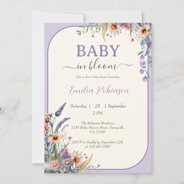 Invitación Ducha de Bebé Flor Silvestre Bebé en Flor Violeta  (Anverso)