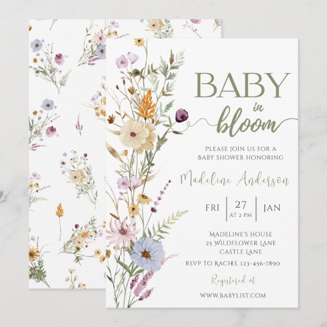 Invitación Ducha de Bebé Flor Silvestre en Flor (Anverso / Reverso)