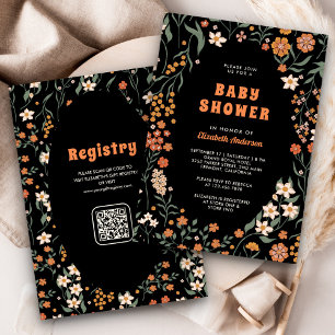 Invitación Ducha de Bebé Flor Silvestre Groovy Naranja Negra