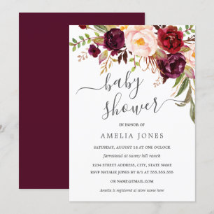 Invitación Ducha de Bebé Floral Acuarela Burgundy Moderna