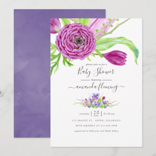 Invitación Ducha de bebé floral acuarela de primavera (Anverso / Reverso)