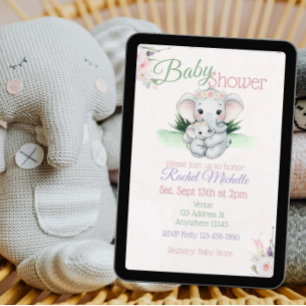 Invitación Ducha de bebé floral acuarela elefante bebé y mamá