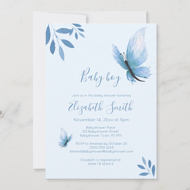 Invitación Ducha de bebé floral azul mariposa azul acuarela (Anverso)