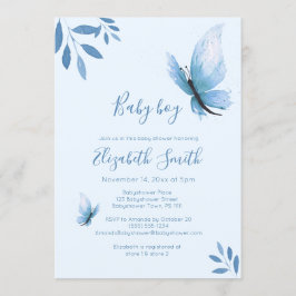 Invitación Ducha de bebé floral azul mariposa azul acuarela