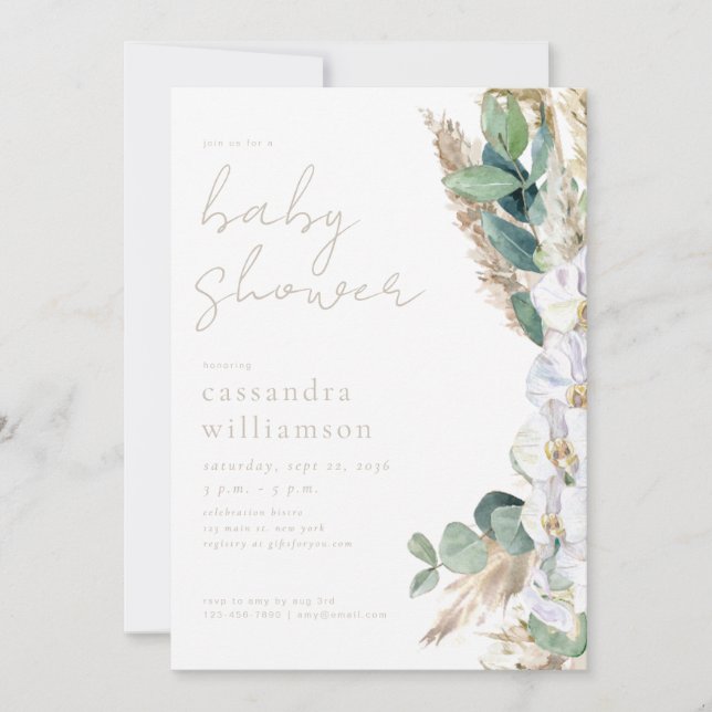 Invitación Ducha de Bebé Floral Boho de Hierba de Pampas (Anverso)