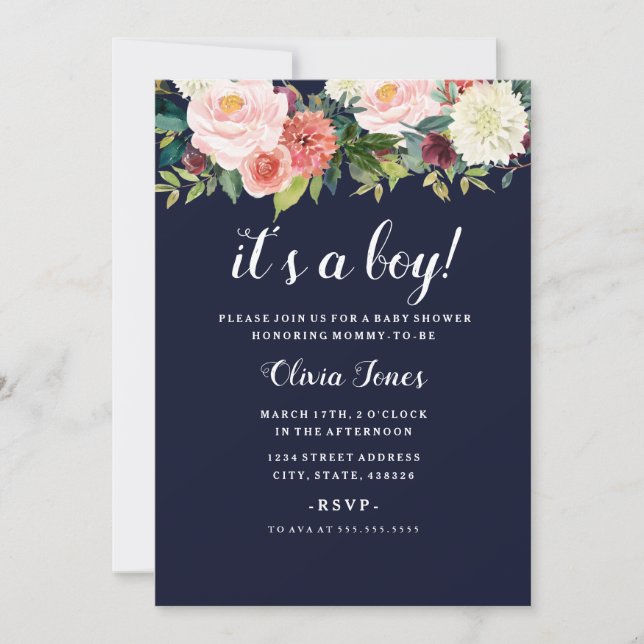 Invitación Ducha de bebé floral botánica melocotón Navy (Anverso)