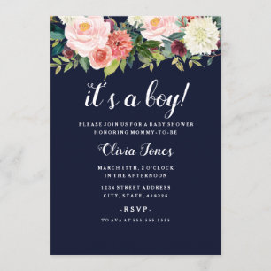 Invitación Ducha de bebé floral botánica melocotón Navy