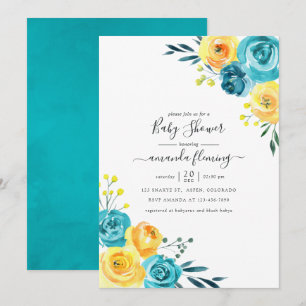 Invitación Ducha de bebé floral con acuarela turquesa y amari