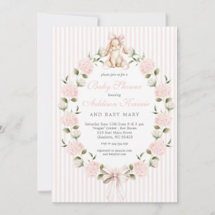 Invitación Ducha de Bebé Floral con Conejo Vintage Rosa
