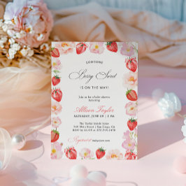 Invitación Ducha de bebé floral con lazo de fresa rosa