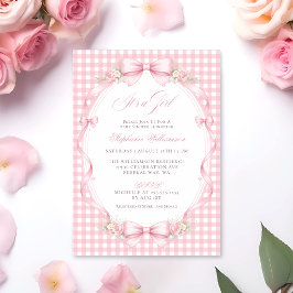 Invitación Ducha de Bebé Floral con Lazo de Gingham Rosa