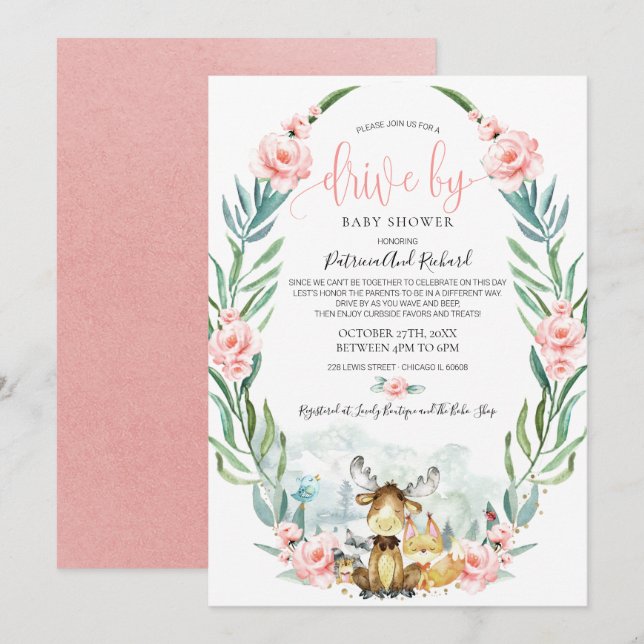 Invitación Ducha de Bebé Floral de Bosque con Vegetación al P (Anverso / Reverso)