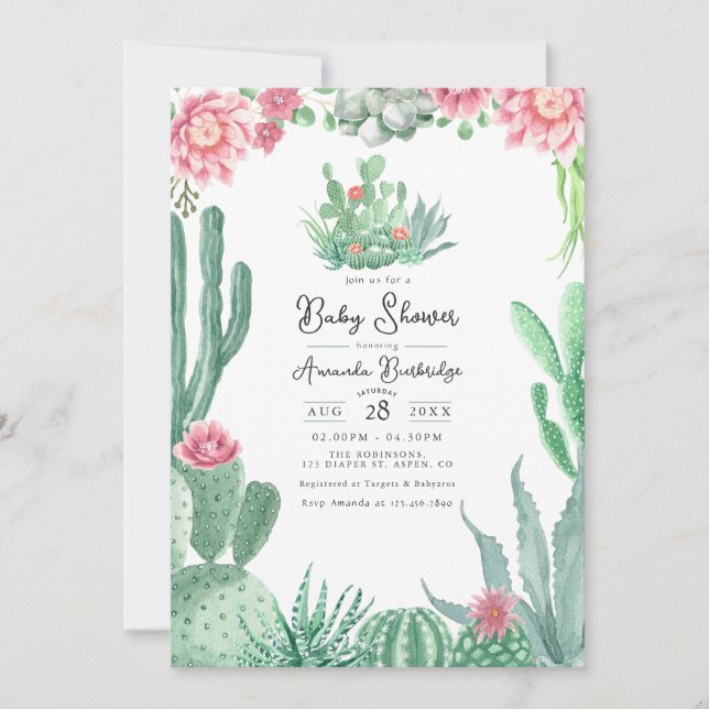Invitación Ducha de Bebé Floral de Cactus del Desierto (Anverso)
