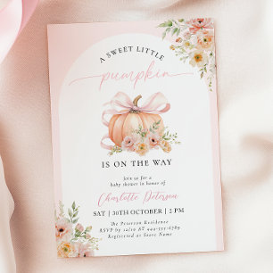 Invitación Ducha de bebé floral de calabaza con lazo rosa
