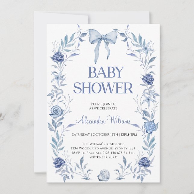Invitación Ducha de bebé floral de concha azul (Anverso)