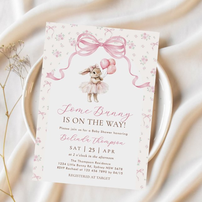Invitación Ducha de bebé floral de conejito con lazo rosa (Subido por el creador)