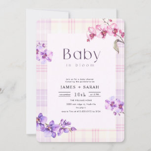 Invitación Ducha de bebé floral de gingham vintage orquídea p