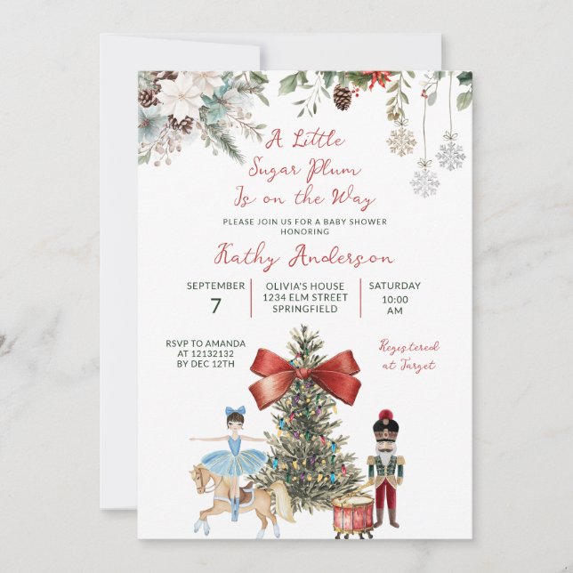 Invitación Ducha de Bebé Floral de Invierno Cascanueces de Na (Anverso)