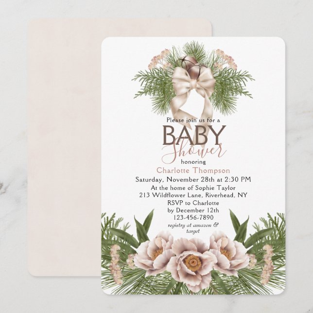 Invitación Ducha de Bebé Floral de Invierno Rosa Claro (Anverso / Reverso)