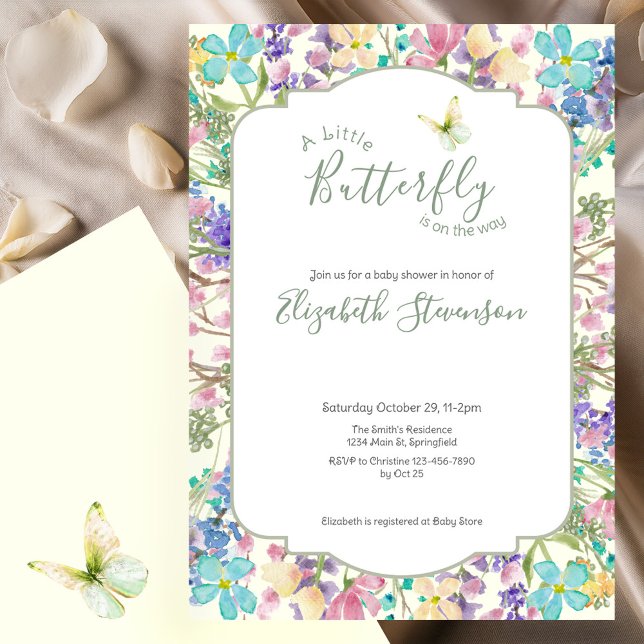 Invitación Ducha de bebé floral de mariposa pequeña colorida (Subido por el creador)