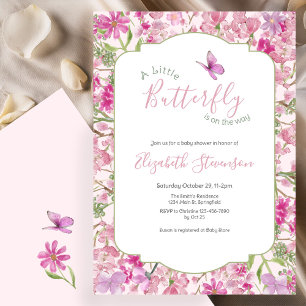 Invitación Ducha de bebé floral de mariposa pequeña rosa y ve