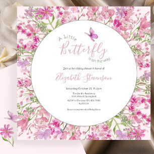 Invitación Ducha de bebé floral de mariposa pequeña rosa y ve