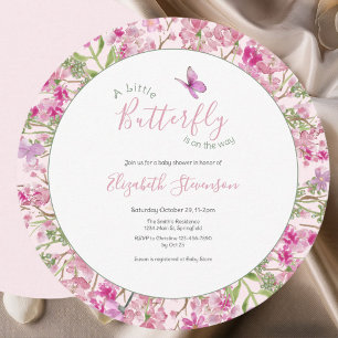 Invitación Ducha de bebé floral de mariposa pequeña rosa y ve