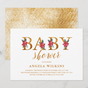 Invitación Ducha de Bebé Floral de Navidad Dorada