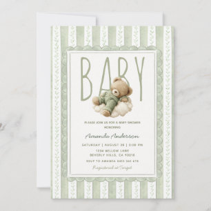 Invitación Ducha de bebé floral de osito verde salvia raya