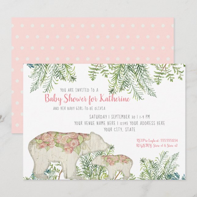 Invitación Ducha de bebé floral de oso de Woodland (Anverso / Reverso)
