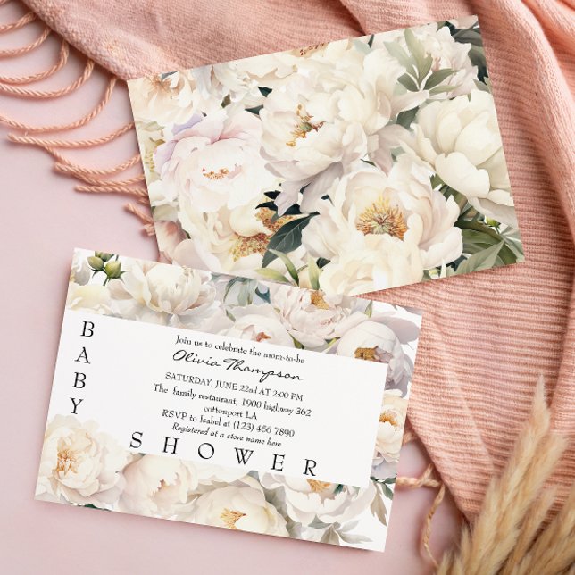 Invitación Ducha de bebé floral de peonía marfil neutral (Subido por el creador)