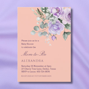Invitación Ducha de Bebé Floral de Peonía y Melocotón Lila