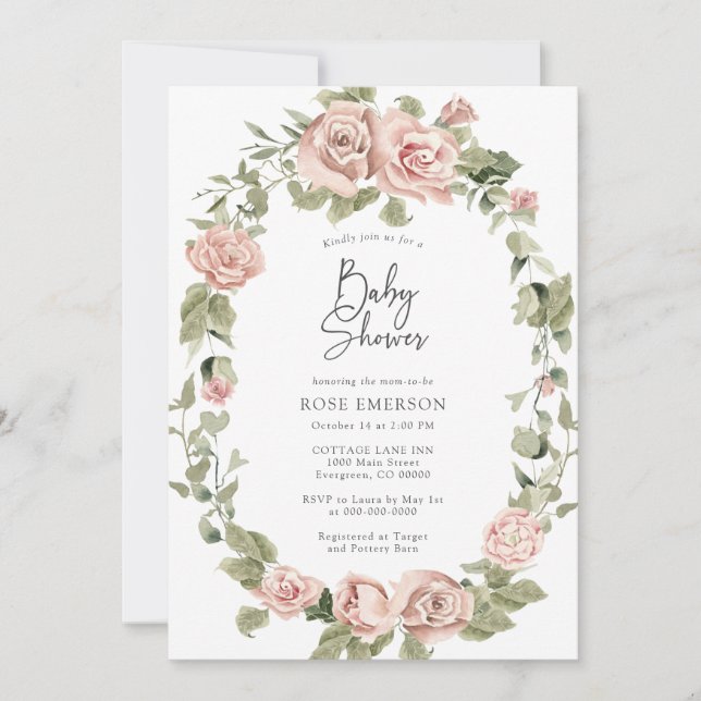 Invitación Ducha de bebé floral de rosas rosadas (Anverso)