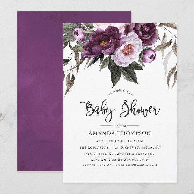 Invitación Ducha de bebé floral de terciopelo profundo (Anverso / Reverso)
