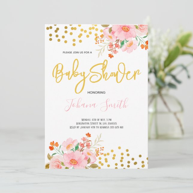 Invitación Ducha de Bebé Floral Dorado Primavera Verano  (Anverso de pie)